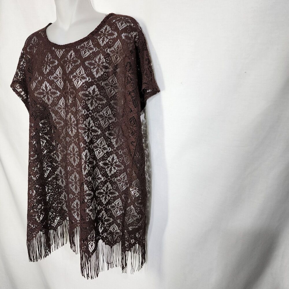 Chico's Womens Top Size 2 Large Brown Crochet Short Cap Sleeve Fringe Trim Sheer - Picture 4 of 11